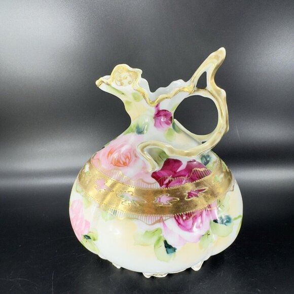 Antique Nippon Hand Painted Green Vase Pitcher Ewer Floral Gold Trim Porcelain - Picture 15 of 16